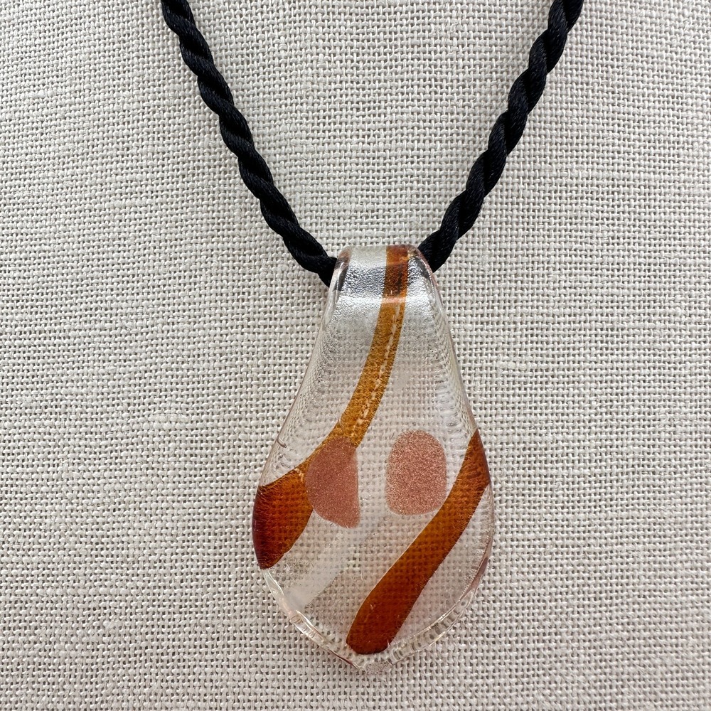 Vintage 90s Black Cord White Murano Teardrop Pendant Necklace Women's Jewelry